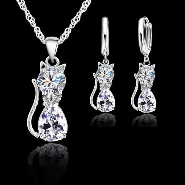 Real 925 Sterling Silver Color Jewelry Sets for Woman Girls Shining Austrian Crystal Cute Cat Pendant Necklace Huggie Earring