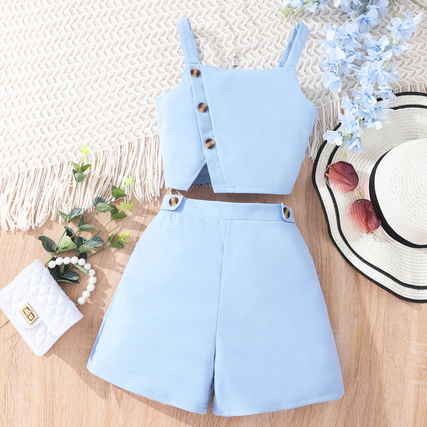 2024 Girls Set Summer Fashion Sleeveless Strap + shorts Suit Solid Button Casual Big Kids Girl Clothes 7 8 9 10 11 12 Years Old