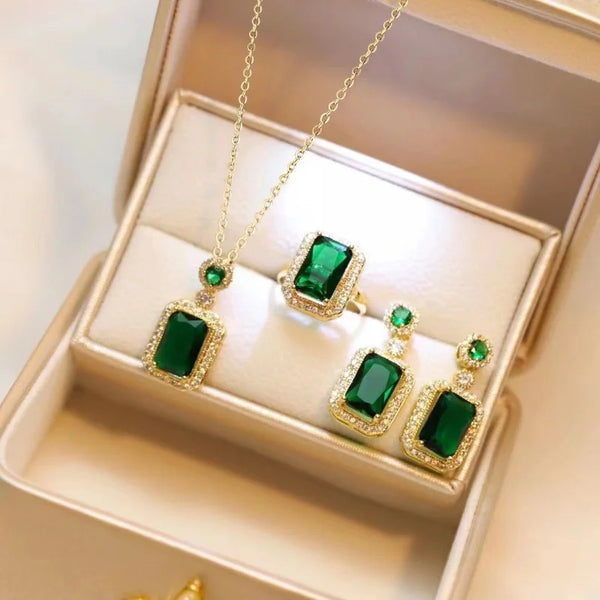 3-piece Set Luxury Fashion Emerald Perfume Bottle Necklace Earrings Ring Banquet Wedding Jewelry Set for Women Birthday Gift
