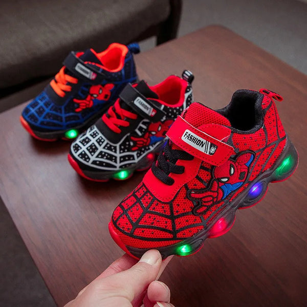 Disney LED Casual Cartoon Sneakers for Boys Spiderman Mesh Outdoor Shoes Children Cute Lighted Non-slip Shoes Size 21-30 Gifts