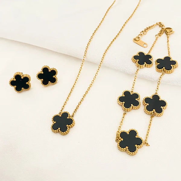 3Pcs Luxury Five Leaf Flower Pendant Necklace Earrings Bracelet for Women Gift Trendy Stainless Steel Jewelry Sets 2023 New